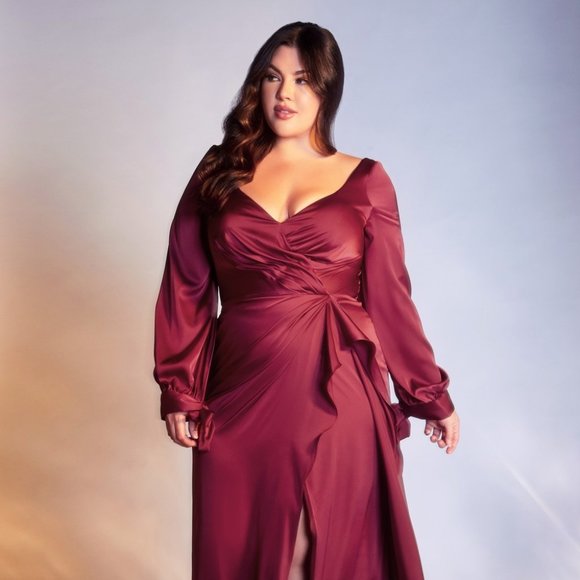 NEW SATIN LONG SHEATH ELEGANT GOWN WITH BLOUSON SLEEVES AND ZIPPER BACK CD 7478C - Picture 5 of 10